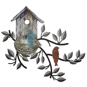 Decorative Plates Hanging Yard Indoor Outdoor Metal Tree Garden Living Room Art Craft Home Office Leaves Branch With Birdhouse Bird Wall