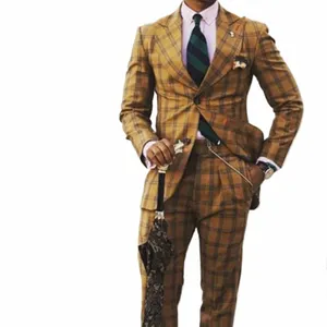 2024 Brown Classic Plaid Tweed Suit for Men Slim fit Groom Wedding Tuxedo Blazer Male Formal Busin Jacket Pants 2 Piece T8Lc#
