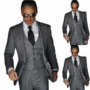 gray Houndstooth Men's Suit 3 Pieces Blazer Vest Pants One Butt Peaked Lapel Busin Wedding Groom Tailored Costume Homme 56S4#