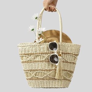 Drawstring Casual Hollow Tassel Straw Basket Bag Rope Woven Women Handbags Bohemian Handmade Shoulder Summer Beach Large Capacity Tote