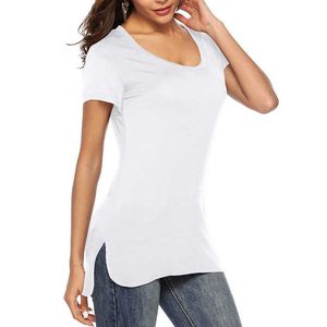 Custom Design Womens Casual Tshirts Short Sleeve Scoop Neck Long Fitted Tops Plain t Shirts Fashion Stretch Women T-shirt