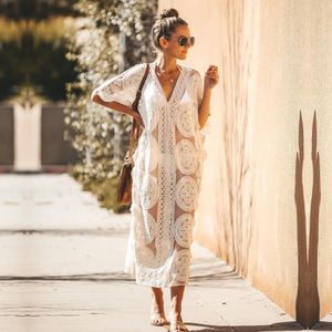 2023 Kaftan Beach Pareo Beachwear Swim suit Cover up Playa Tunics for Tunic Swimwear Women Lace Dress Q880 240320