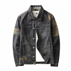 men's denim jacket high street trendy embroidered lapel motorcycle jacket loose casual fi versatile men's clothing 12RV#