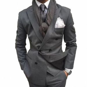 elegante graue Männeranzüge Fi Peak Revers Zweireiher Bräutigam Hochzeit Smoking Smart Causal Formal Male Suit Slim Jacket + Pants e4xe #