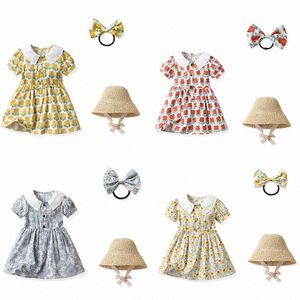Girls Dresses Summer Kids Fragmented Flower Dress Girl Baby Flip Collar Bubble Skirts Short Sleeve Sun Shade Hat Princess Dress Free Headrope size 70- v1Oz#