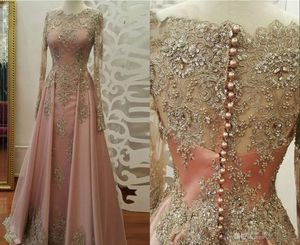 Stunning Gold Lace Appliques Evening Dresses With Long Sheer Sleeves Scoop Floor Length Formal Party Gowns Hollow Back Prom Dresse7346671