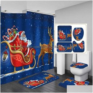 Duschvorhänge Frohe Weihnachten Zimmer Vorhang Set mit Toilette Er Matte Anti-Rutsch-Teppich Weihnachtsmann Gehäuse Cartoon Drop Lieferung Dhbim