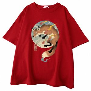 Fire Carto Fox Japanese Printed Men Short Sleeve Harajuku Casual Cott Tee Clothing Oversize All-Math Mans Cott T-Shirts G9lg#