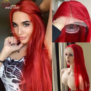 Red Lace Front Human Hair Wig Straight 13X6 99J Burgundy For Women Pre-Plucked Remy 180%