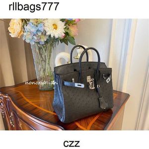 Bolsa de couro bk avestruz genuína costurada à mão linha de cera bolsa para casa 25 30 35 pele original fivela de prata preta 177g