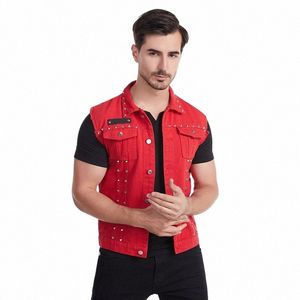 Idopy męską kamizelkę dżinsową kurtkę rękawów rock ccerts punk Casual Lapel dżins kamizelki kamizelki kamizelki halen z nitami s7vn#