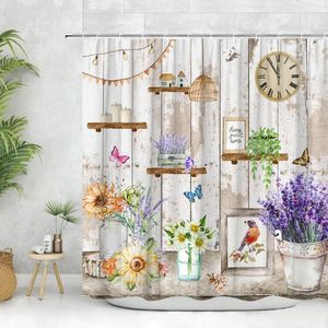 Zasłony prysznicowe zasłony słonecznika Spring Flowers Farm Plank Butterfly Lavender Farmhouse Domowe wydruki Dekoracja łazienki