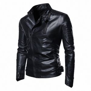 men's England Style Faux Leather Jacket with Fleece Lining and Stand Collar, Fi Punk Motorcycle Design Coat 07gv#