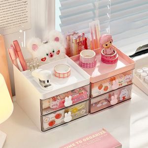 Bins Kawaii Desktop Storage Box Organizer Transparent Drawer Ins Student Stationery Rack Home School Cosmetics Söt skrivbordsorganisation