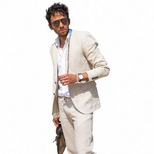 abiti casual in lino per gli uomini estivi Beach Wedding Tuxedo Custom Groom Prom Busin Suit Blazer con pantaloni Costume maschile Fi 77ib #