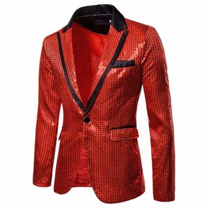 fiable Men's Luxurious Sequin Suit Jacket Color Blocking Collar Casual Single Butt Blazer Coats Charm Men's Clothing c0yx#