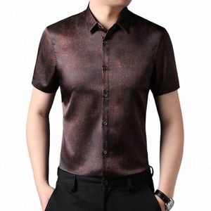 High End Silk Dr Shirts Mens Sumn Satin Bluzka gładkie ubrania dla mężczyzn Fi Claret Red Busin Office nosza mąż topy 063e#