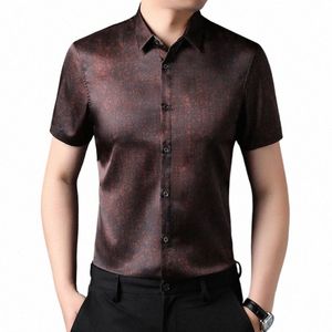 High-End-Seide Dr Shirts Herren Sommer Satin Bluse Glatte Kleidung für Männer Fi Claret Red Busin Bürokleidung Ehemann Tops 063E #