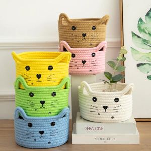 Baskets Large Handwoven Cotton Rope Storage Basket Dirty Clothes Basket Frame Storage Clothes Toy Folding Frame Cat Ear Basket