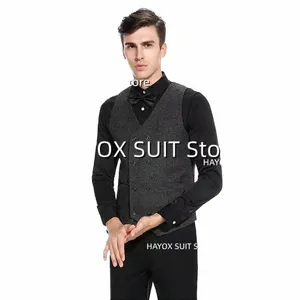 men's Suit Vest Double Breasted V-Neck Fi British Vintage Wedding Groom Waistcoat Sleevel Jackets K7m9#