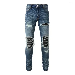 Herr jeans ankomst blå streetwear nödställda mager stretch byxor förstörda hål tie färgbandana ribbor lappar rippade