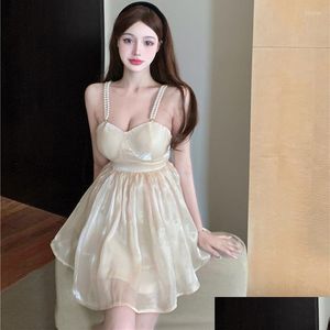 Basic Casual Dresses Organza Spaghetti Strap Dress Female French Hight Haist A-Line Pearl Y Backless Short Womens Summer Sundress Drop Otnxy