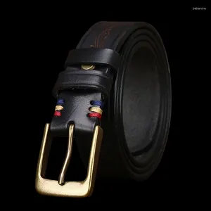 Bälten Stylish Men's Belt äkta läderlasergraverad blommönster Koppar Buckle Fashion för män Hög kvalitet