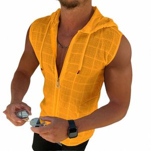 new men's fi Summer Beach wind Sleevel zipper hooded T-shirt Casual beach Tank hooded beach Sun-protective clothing 85F6#