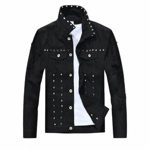 Herren Fi Punk Jeansjacke mit Nieten High Street Ripped Denim Mantel Slim Fit Distred Studded Oberbekleidung mit Löchern R5db #