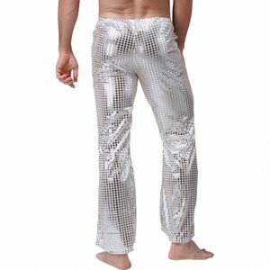 Mens Shiny Paillettes Lg Pantaloni Disco Jazz Dance Performance Costumi Cintura elastica Pantaloni svasati Pantaloni DJ Party E0Qw #