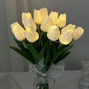 10heads LED Glowing Artificial Flower Bouquet Decorations for Home 33cm Fake Tulip Fairy Lights Easter Wedding Decor Outdoor 240322