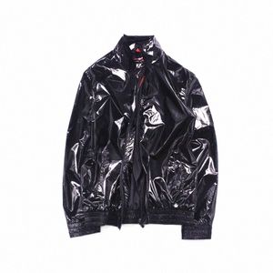 men Glossy Baseball Jacket Male Metallic Night Club Dancing Coat Motorcycle Black Straight Clubwear DJ Singer Shiny Windbreaker Y4UU#