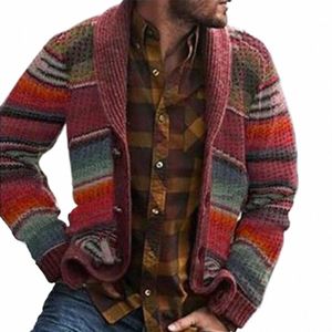 winter Men Hooded Wool Cardigan Sweater Patchwork Knit Open Frt Cardigan Stripes Lg Sleeve Coat Jacket Men's Clothing p7Ga#