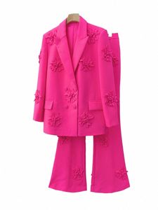 Mulheres Suit Collar Spring Jacket Full Length Fuchsia Coat Fi Style Micro Flared Pants Fr Suits Define 2 peças em estoque U8xf #