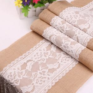 Новый 2024 Vintage Retro Burlap Linen Jute Event Вечеринка поставляет траву свадебную свадебную одежду, ткань, рождественская белая кружевная стола для