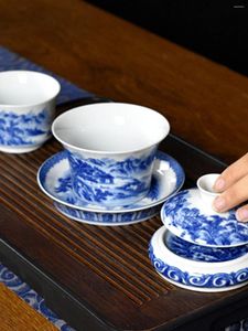 ティーウェアセットJingdezhen Blue and White Porcelain Three Horseshoe Cover Press Hand Cup Largeファミリーティーボウルセットギフトボックス