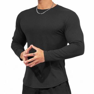 svart rand fitn t-shirt män casual lg hylsa skjorta manlig gym bodybuilding mager tees toppar springa sportträning kläder m5nl#