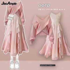 Womens Spring Autumn Fashion Cross Sentterstrap Dress Two Pitted 2023 Corean Elegant in Matching Set Femlae Skirt 240323