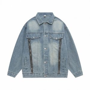 Fi High Street Gubiced Hip Hop dżinsy kurtki streetwear luźne dżinsowy płaszcz jeansowy Wed Wed Zipper Decorati W5x6#