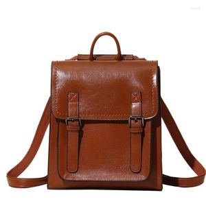 School Bags XZAN Vintage Leather Backpack Women Double Shoulder Retro Girl Second Layer Cowhide Backpacks Fashion Ladies Tote Bag