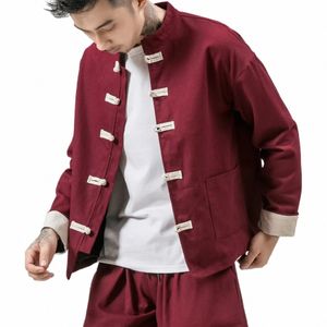 2023 Men's Workwear Kimo Cardigan Jacket Solid Color Coat Loose Casual Men's Lg Sleeve Retro Comfortable Coat Large Size L54J#