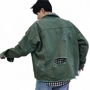 male Jean Coats Autumn Khaki Wide Sleeves Men's Denim Jacket Ripped with Hole Big Size Fast Deery One Piece Casual Trendy G L 607S#