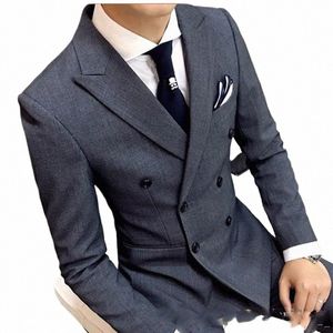 Ny ankomst Slim Fit Grey Double Breast Mens Suit skräddarsydd busin Formell bröllopsdräkt 2 stycken kostym Homme blazer byxor n7vc#