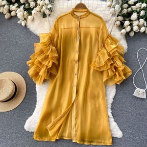 Spring Style Western-Style Design With French Ruffle Edge And Three-Dimensional Flower Sleeves, Loose Single Breasted Dress 431954