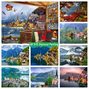 Stitch Österrike Hallstatt Lake and Village landskap ab diamantmålning Fullt fyrkantiga borrar Alperna Mountain Mosaic Cross Stitch Room Decor