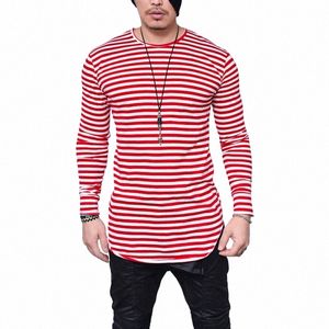 2022 Spring Striped Men T-Shirt Fi Lg Sleeve High Elastic Casual Streetwear Irregular Male Slim 4XL 5XL Oversize Clothing S0fx#