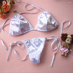 Womens Swimwear Sexy Lingerie Set Satin Silk Thong Underwear Bra Panties T-back Lace Up Top Briefs Bikini Beach Swimming Bathing