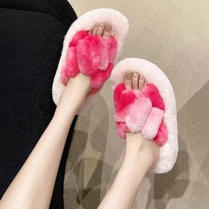 Slippers Slippers Korean Style Flat Fur Women 2023 Winter Candy Color Cute Fluffy ouse Woman Tick Plus Crop Straps ome Soes H240327