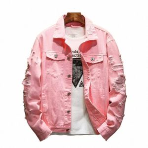 new 2024 Men's Fi Jeans Jacket Solid Spring Autumn Cott Denim Jacket Men Red White Black Pink Ripped Hole Jean Coats Male y01X#