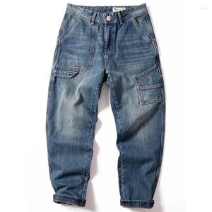 Jeans da uomo Pantaloni in denim dritto in puro cotone pesante Pantaloni da cowboy cargo blu lavati retrò maschili